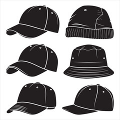set of vector various baseball hat, cap silhouettes