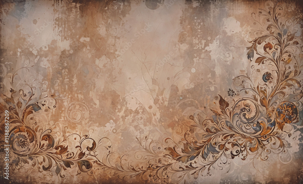 Poster painting of a flowery design with a brown background. the background is covered in splatters of pain