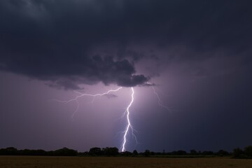 Stormy Skies and Lightning Bolt Over an Open Field