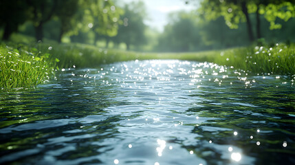 Fototapeta premium A serene river scene with sparkling water and lush greenery, evoking tranquility and nature.