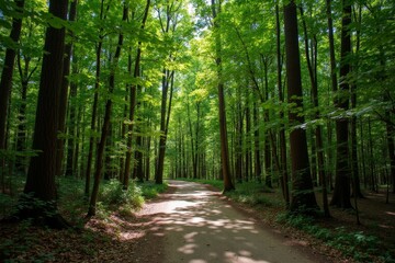 Obraz premium Serene Forest Pathway with Dappled Sunlight
