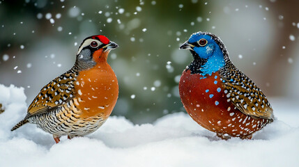 Two Red and Blue-Spotted Quail-Like Birds in a Snowy Landscape