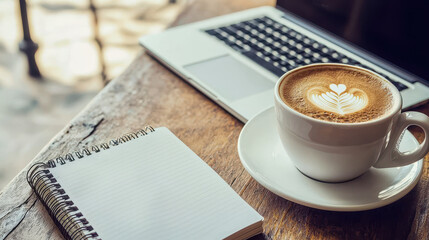 cozy home office setup featuring laptop, coffee, and notebook