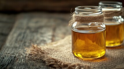 Fototapeta premium Pure or desi ghee (ghi), clarified melted butter. Healthy fats bulletproof diet concept or paleo style plan. Glass jars on vintage sackcloth. Wooden boards background, copy space, close up