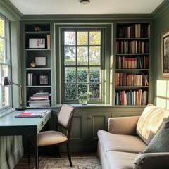 Cozy Reading Nook with Built-in Bookshelves and Desk