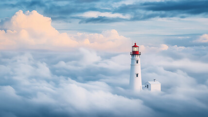 lighthouse standing tall above clouds at sunset