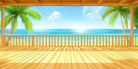 Obraz premium Serene Tropical Beach View from Wooden Deck Balcony Ocean Panorama Summer Vacation