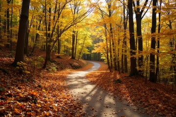 Obraz premium Autumn Serenity: A Winding Path Through Vibrant Woods