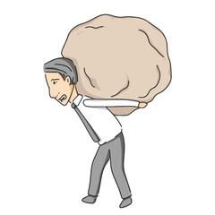 vector illustration of businessman in suit carrying a big rock on his back, businessman has a big burden of responsibility, isolated on white background