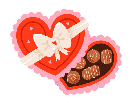 A heartshaped box of chocolates decorated with a bow. A delicious gift for Valentine's Day. Flat vector illustration.