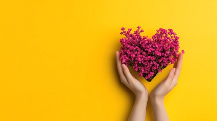 Two hands gently cradle a heart-shaped composition of vivid pink flowers against a vibrant yellow background, symbolizing love, care, and appreciation for nature's beauty.