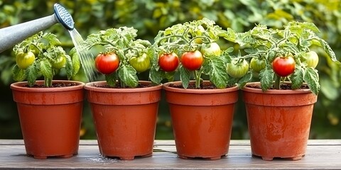 Ripe Tomatoes Growing in Terracotta Pots Outdoor Gardening Watered Plants