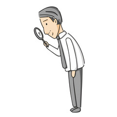 businessman in suit examining with magnifying glass, conducting financial audit, isolated on white background