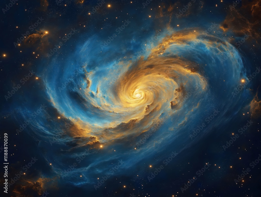 Wall mural abstract swirling nebula in space. blue, gold colors create dynamic cosmic scene. stars scattered th