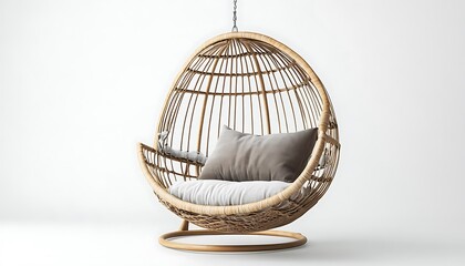 Chic hanging chair with a stylish cushion, isolated on a plain white background, high definition
