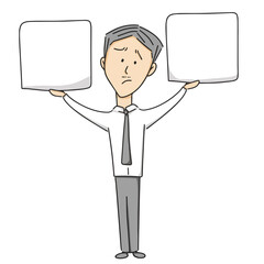 vector illustration of businessman in suit holding blank sign, comparing two different things, isolated on white background