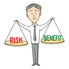 vector illustration of businessman in suit is weighing the risks and benefits, business risk and benefit symbol, isolated on white background