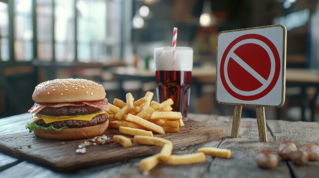 fast food, low carb diet, fattening and unhealthy eating concept - close up of fast food snacks and cola drink on wooden table behind no symbol or circle-backslash prohibition sign