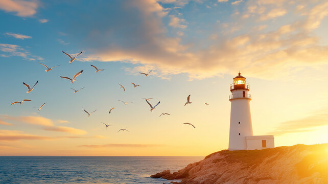 serene lighthouse at sunset with flying birds