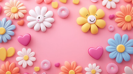 Obraz premium 3D flowers and heart on pink background