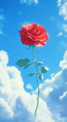 A red rose in full bloom stands tall against the blue sky, with white clouds floating