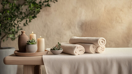 A serene spa environment showcases neatly arranged towels, tranquil candles, and fresh greenery, inviting guests to enjoy a nourishing and revitalizing experience