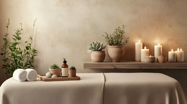 A serene spa environment showcases neatly arranged towels, tranquil candles, and fresh greenery, inviting guests to enjoy a nourishing and revitalizing experience