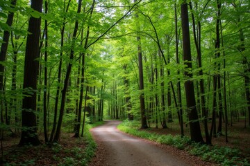 Obraz premium Serene Forest Pathway with Dappled Sunlight