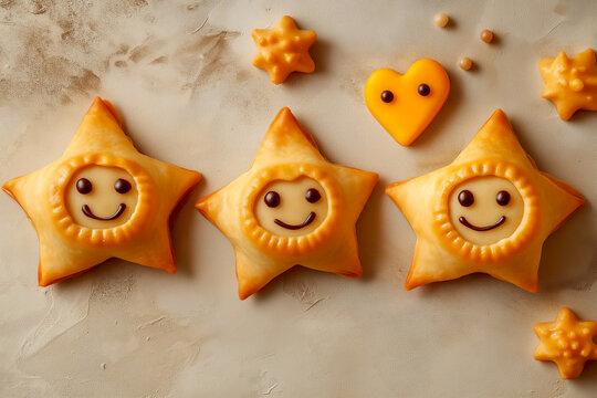 Delightful star-shaped cookies with smiling faces and cheerful decorations on a rustic surface, Funny cookies character, star cookies