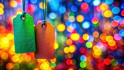 Vibrant Red & Green Tags Hanging, Macro Photography, Colorful Blurred Background