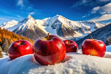 Vibrant Red Apples in Snowy Mountain Landscape - Winter Stock Photo