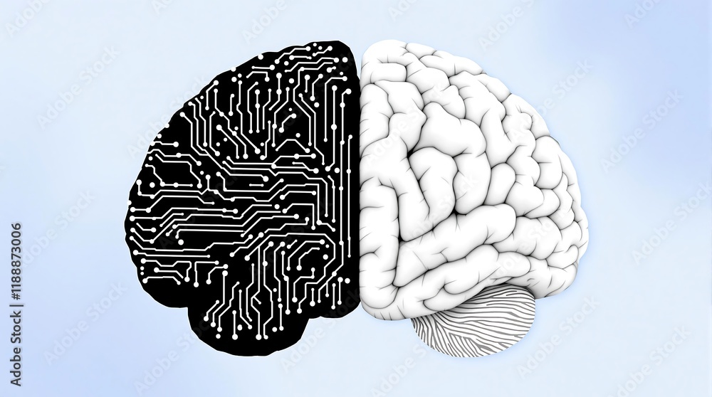 Poster half digital brain merging with biological brain symbolizing artificial intelligence and human mind
