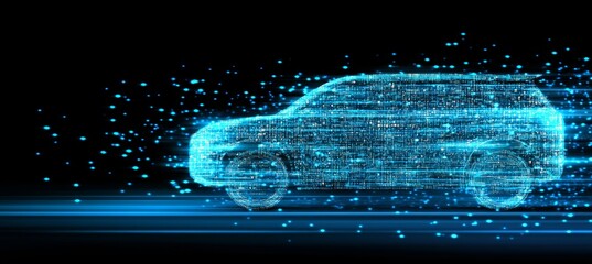Futuristic Digital Car Hologram With Blue Lines Symbolizing Data Transmission In Motion