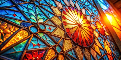Vibrant Stained Glass Window Close-up: Sunlit Orange, Blue, Red Intricate Patterns