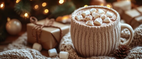 Cozy hot chocolate with marshmallows in a knitted mug near gifts and Christmas lights.