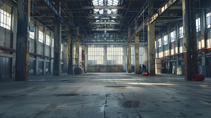Inside a cavernous empty warehouse, high ceilings and concrete floors dominate the scene, while exposed beams add a touch of industrial elegance.