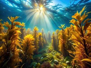 Obraz premium Vibrant Underwater Seaweed Forest, Lush Marine Plants, Ocean Flora