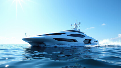 Luxury yacht on blue water with white and gray sky background, showcasing sustainable green energy as theme.