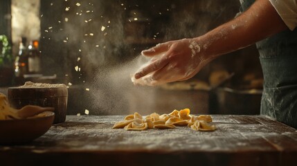 Italian pasta making, hands dusting flour, rustic wooden table, fresh tortellini, rolling pin, artisanal cooking, soft lighting, food photography, kitchen scene, culinary art, traditional cuisine, fl