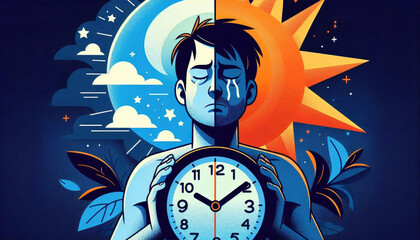 Sad man crying holding clock split between night and day