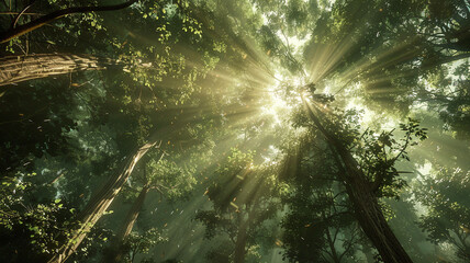 Obraz premium A view of the forest canopy reveals sunlight pouring through the high branches, creating a magical interplay of light and shadow.