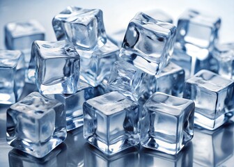 Ice cubes frozen minimal on white background. A close-up of clear ice cubes scattered on a light background, showcasing their transparent texture and crystalline structure