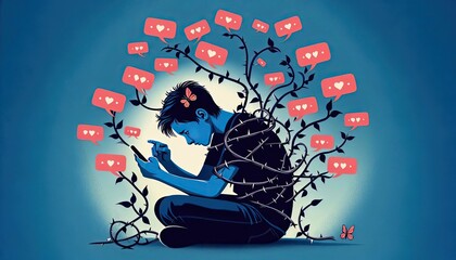 Young boy trapped by thorny vines of social media addiction using smartphone
