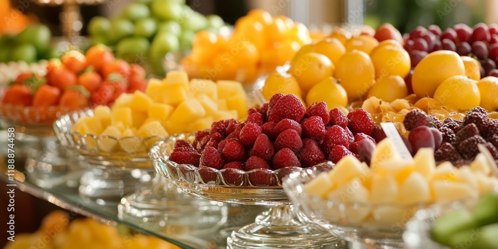 Poster Assorted fruits displayed at a dessert buffet create a vibrant and inviting atmosphere, showcasing a variety of fruits that tantalize the taste buds and delight the senses with their colors and