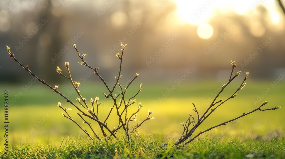 Aufkleber Branches resting on the grass showcase the beauty of the grass illuminated by evening sunlight, creating a serene atmosphere with a beautifully blurred background.
