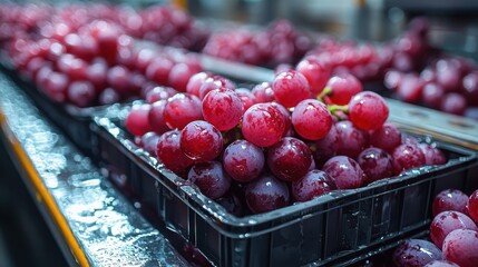Close-up view of freshly harvested red grapes glistening with moisture, neatly arranged in plastic containers on a conveyor belt.  