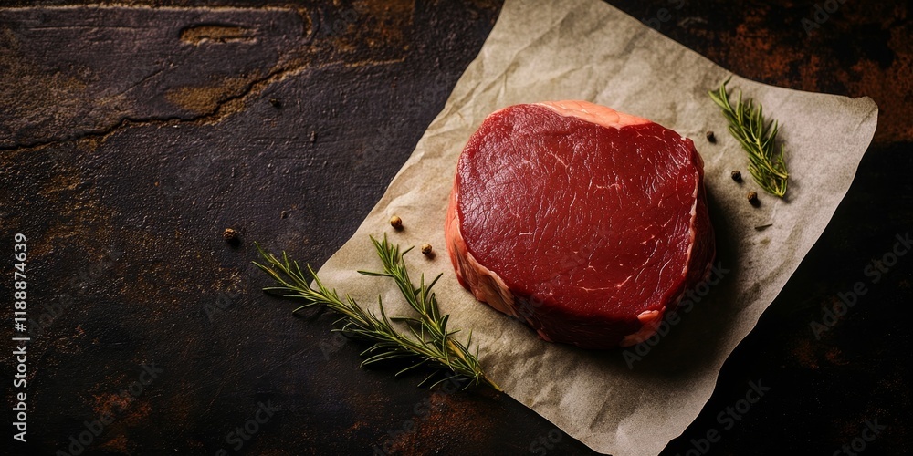 Poster raw beef fillet steak displayed on a kitchen table, showcasing the freshness and quality of the beef
