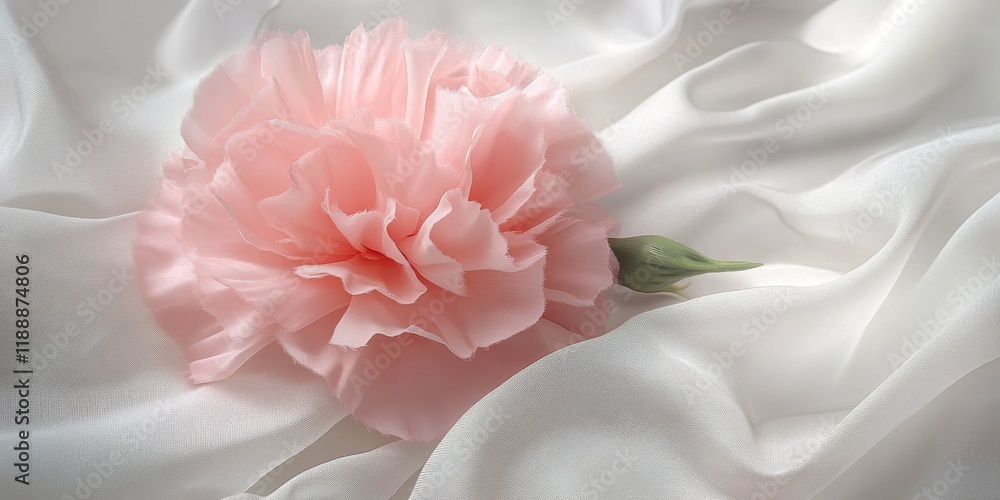 Poster artificial pink carnation displayed on a soft white chiffon fabric background, highlighting the deli