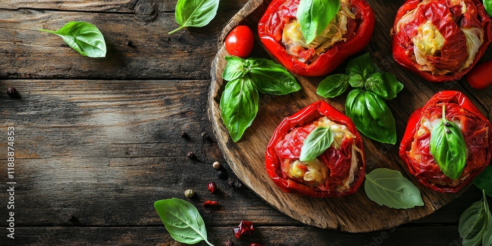 Aufkleber Stuffed red peppers and cabbage rolls garnished with fresh basil leaves on a rustic wooden table create a vibrant and appetizing presentation of stuffed red peppers and cabbage rolls.