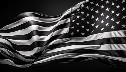 a black and white american flag waving on a black background generative ai